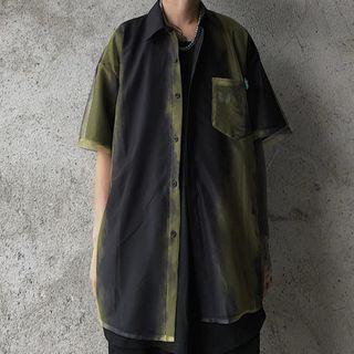 Tie-dye Print Mesh Panel Short-sleeve Shirt