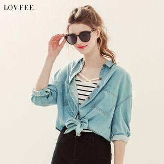 Single-breasted Elbow-sleeve Plain Denim Coat