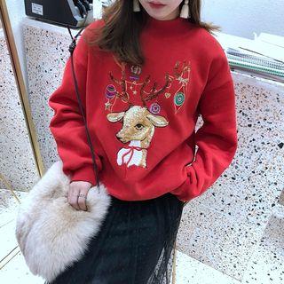Sequined Deer Mock Neck Pullover