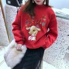 Sequined Deer Mock Neck Pullover