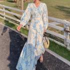 Balloon-sleeve V-neck Floral Print Maxi A-line Dress