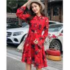 Tie-neck Printed Long-sleeve A-line Dress