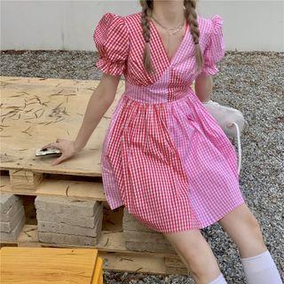 Short-sleeve Gingham Panel Mini Dress Gingham Panel - Pink - One Size