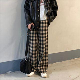 Plaid Straight-cut Pants Plaid - Black & Coffee - One Size