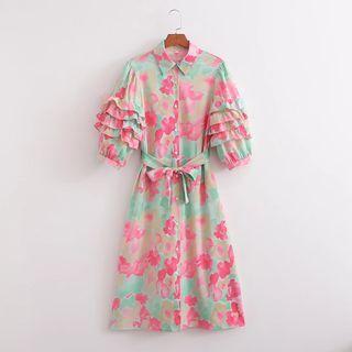 Elbow-sleeve Floral Frill Trim Shirt Dress
