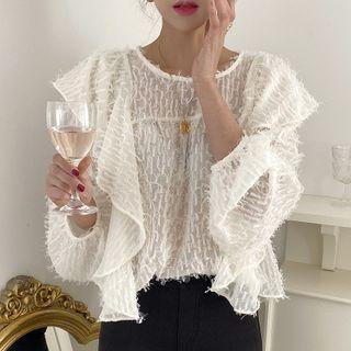 Ruffle Fringed Trim Blouse White - One Size