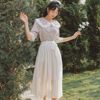 Short-sleeve Flower Print Blouse / Midi A-line Skirt / Set