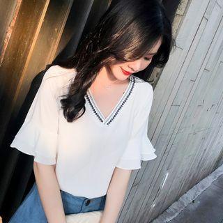 V-neck Embroidered Chiffon Short-sleeve Shirt
