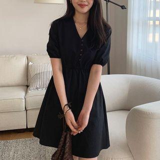 Puff Sleeve V-neck Half-button Mini A-line Dress