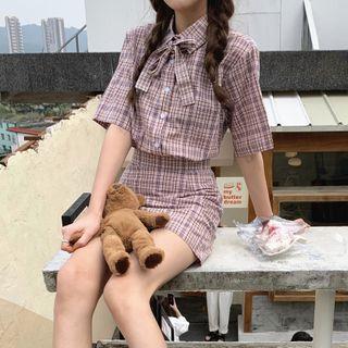 Set: Plaid Tie-neck Elbow-sleeve Shirt + Mini Pencil Skirt