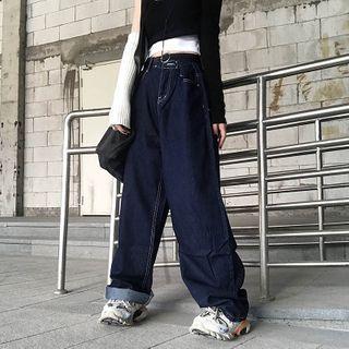 High-waist Contrast Stitching Wide-leg Jeans