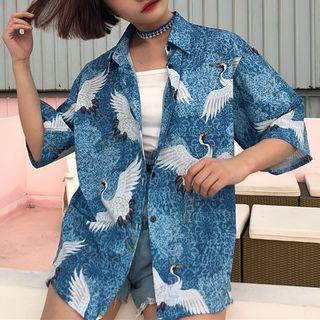 Crane Print Elbow Sleeve Shirt