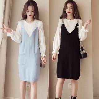 Set: Collared Sweater + Knit Sleeveless Dress