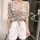 Short-sleeve Plaid Lace-up Blouse As Shown In Figure - One Size