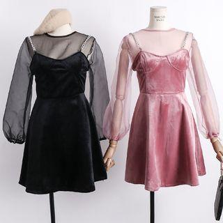 Set: Bubble-sleeved Sheer Top + Sleeveless Velvet Dress