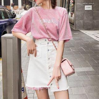 Set: Lettering Short-sleeve T-shirt Dress + Pocket Detail A-line Denim Skirt