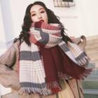 Plaid Knit Fringed Scarf Red - One Size