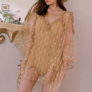 Set: Drawstring Ruffled Swimsuit + Floral Print Cover-up