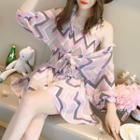 Set: Spaghetti Strap Chevron Smocked Top + Wide-leg Shorts + Light Jacket