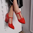 Patent T-strap Pointy Block Heels