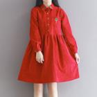 Embroidered Corduroy Long-sleeve A-line Shirt Dress