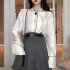 Color-block Long-sleeve Blouse / Plain High-waist Frayed Skirt