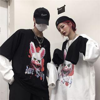 Couple Matching Mock Two-piece Rabbit Print Long-sleeve T-shirt