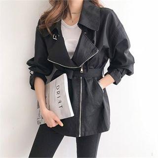 Diagonal-zip Biker Jacket With Sash