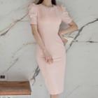 Short-sleeve Faux Pearl Sheath Dress