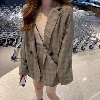 Double Breasted Plaid Blazer / A-line Mini Skirt / Long-sleeve T-shirt