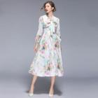 Bow Accent Flower Print Long-sleeve Midi A-line Dress