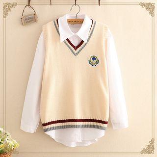 Set: Plain Long-sleeve Shirt + Applique V-neck Knit Vest