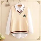 Set: Plain Long-sleeve Shirt + Applique V-neck Knit Vest