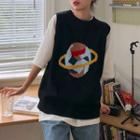 Sleeveless Cartoon Embroidered Knit Vest Black - One Size
