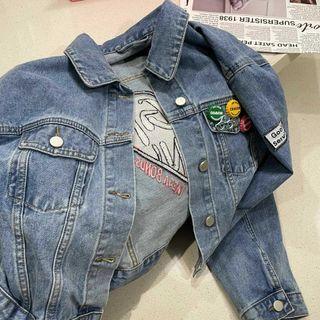 Heart Embroidered Denim Jacket Denim Blue - One Size