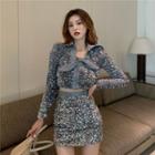Set: Sequined Cropped Blouse + Mini Skirt