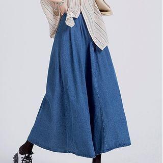 High Waist Denim Midi A-line Skirt Blue - One Size