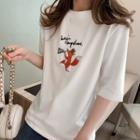 Elbow-sleeve Fox Embroidery T-shirt White - One Size