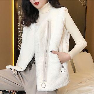 Furry Zip Vest / Long-sleeve Turtleneck Knit Top