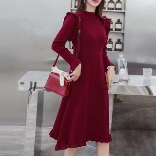 Long-sleeve Ruffle Midi A-line Knit Dress