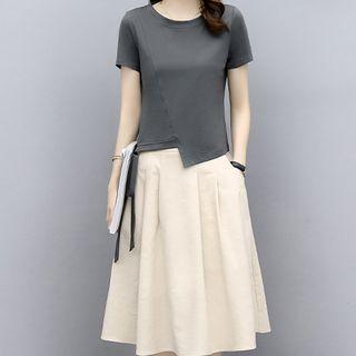 Set: Short-sleeve Asymmetrical T-shirt + A-line Skirt