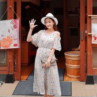 Cutout-shoulder Floral Chiffon Long Dress