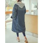 Fleece-hood Long Denim Coat Blue - Jf