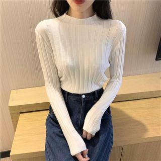 Mock-neck Plain Rib Knit Top