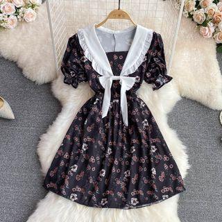 Sailor Collar Floral Print A-line Dress