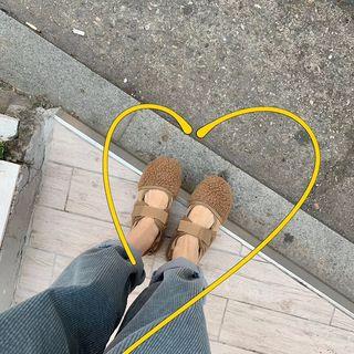 Faux Shearling Panel Adhesive Strap Sandals