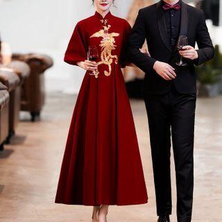 Elbow-sleeve Embroidered Traditional Chinese A-line Evening Dress