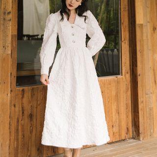 Lantern-sleeve Rhinestone Buttoned Midi Dress