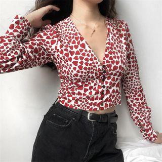 V-neck Heart Printed Blouse