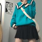 Color-block Loose-fit Sweater Aqua Blue - One Size